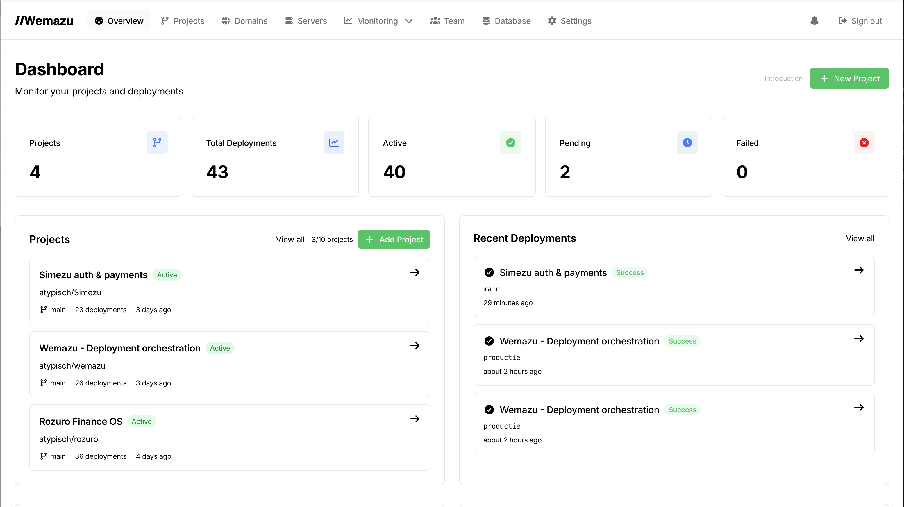 Wemazu dashboard with projects and deployments