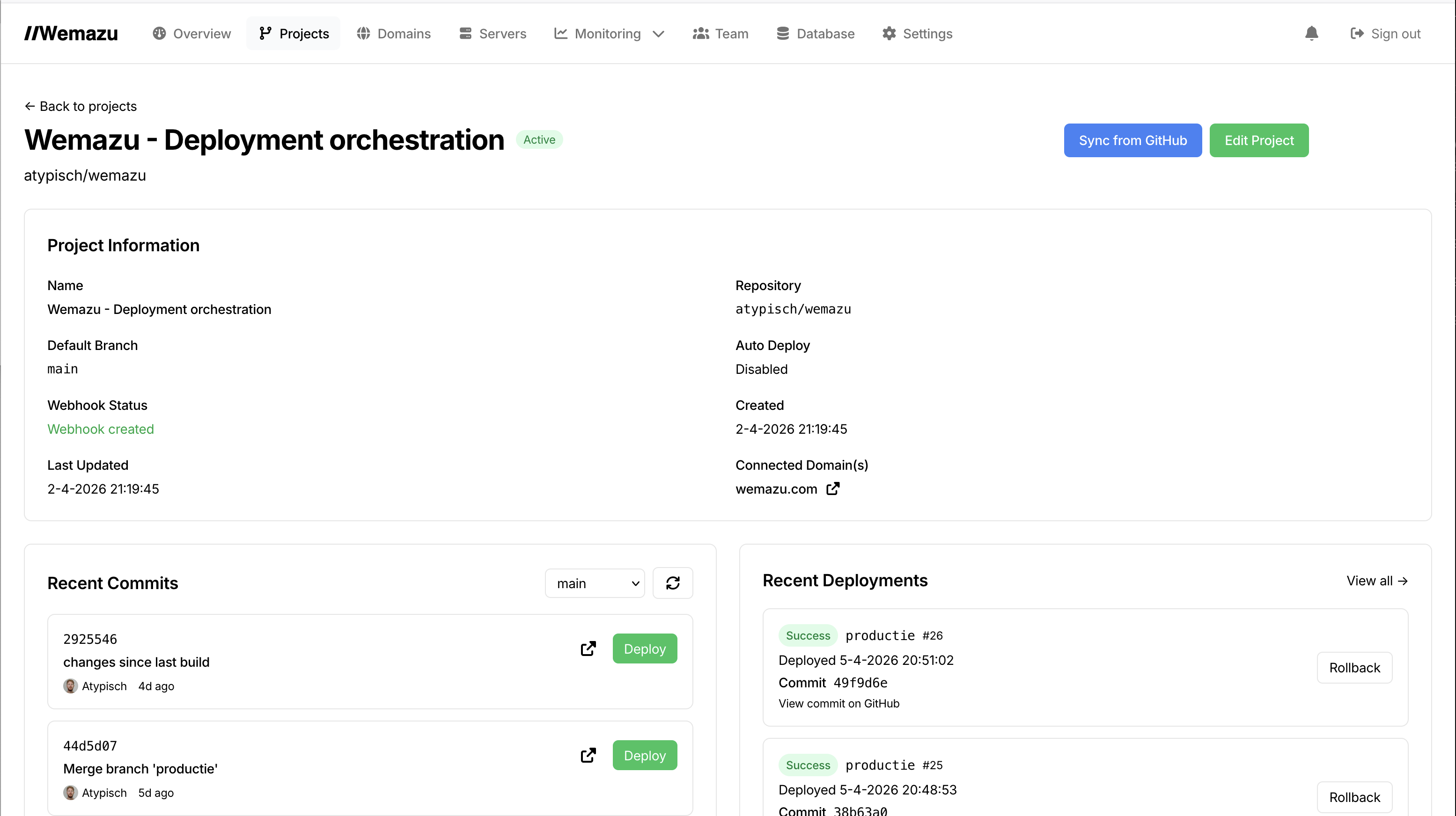 Projects list and deployment overview